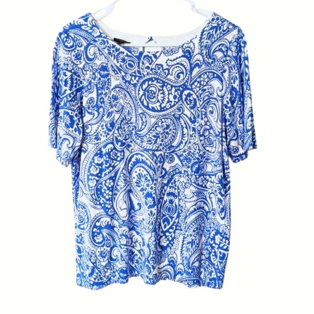 NWOT Talbots Paisley Lightweight Sweater Blouse Cotton Blend White/Blue Sz‎ X